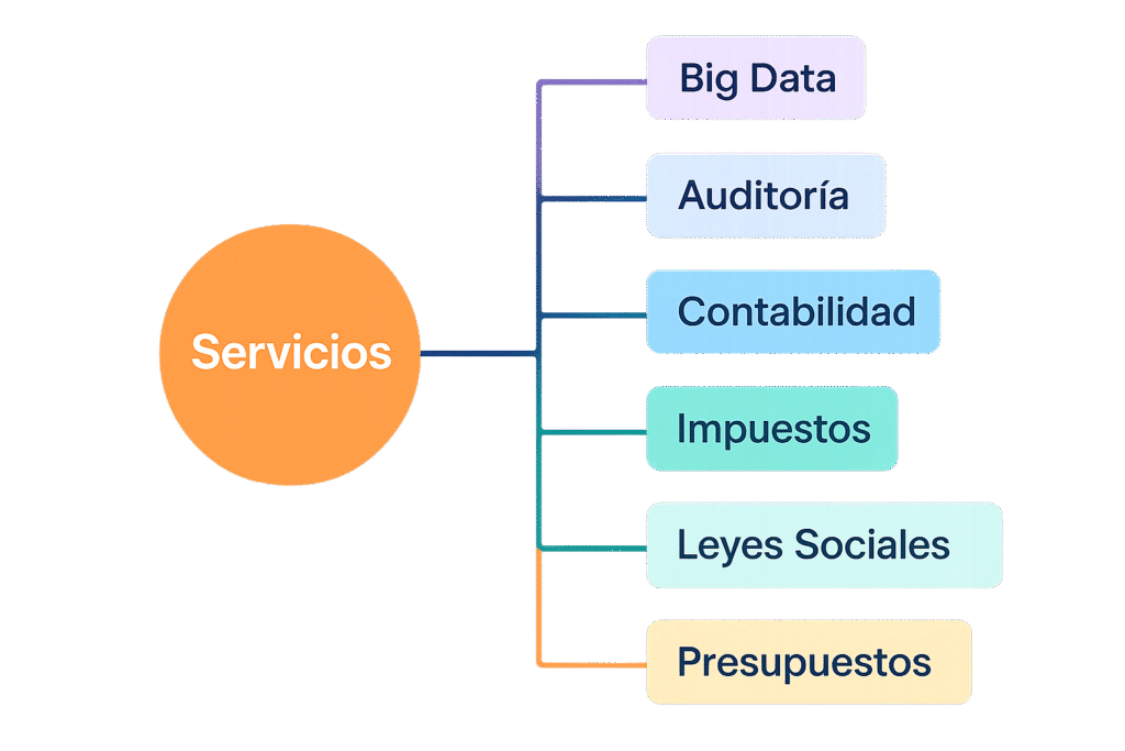 Diagrama de los servicios de Leiva Auditdata: Big Data, Auditoría, Contabilidad, Impuestos, Leyes Sociales, Presupuestos